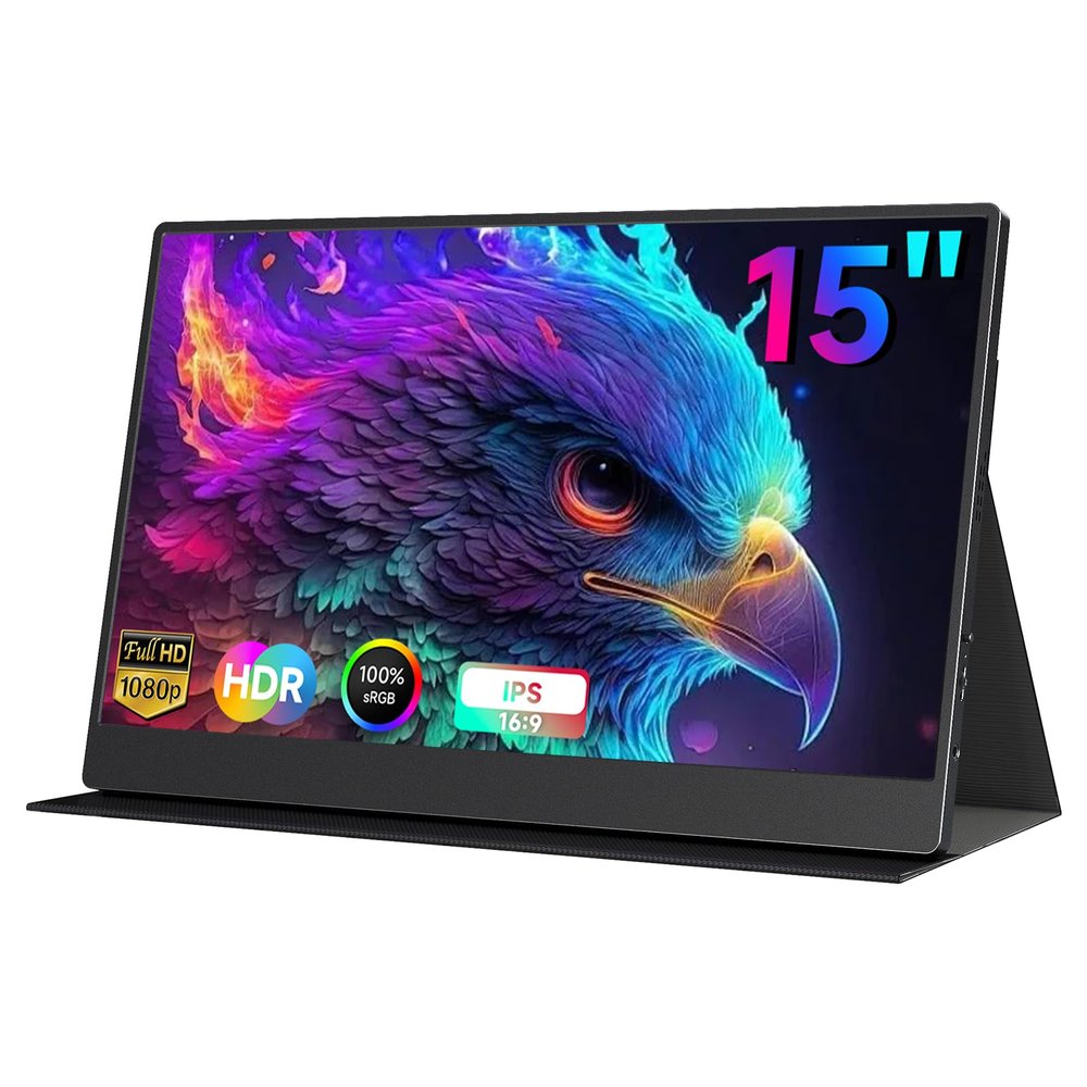AYY Portable Monitor 15 Inch 1080P FHD 100% sRGB, USB-C HDMI External Display, HDR IPS Ultra-Slim Second Screen for Laptop PC Mac Phone PS5/4 Xbox Switch, Bulit-in Speakers, with Smart Cover