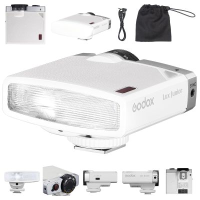 Godox Lux Junior Retro Camera Flash with Diffuser, Speedlite GN12 6000K200K CCT, Automatic and Manual Modes 1/1-1/64 Flash Power, 28mm Focal Length for Canon Nikon Sony Fuji Olympus Cameras - White