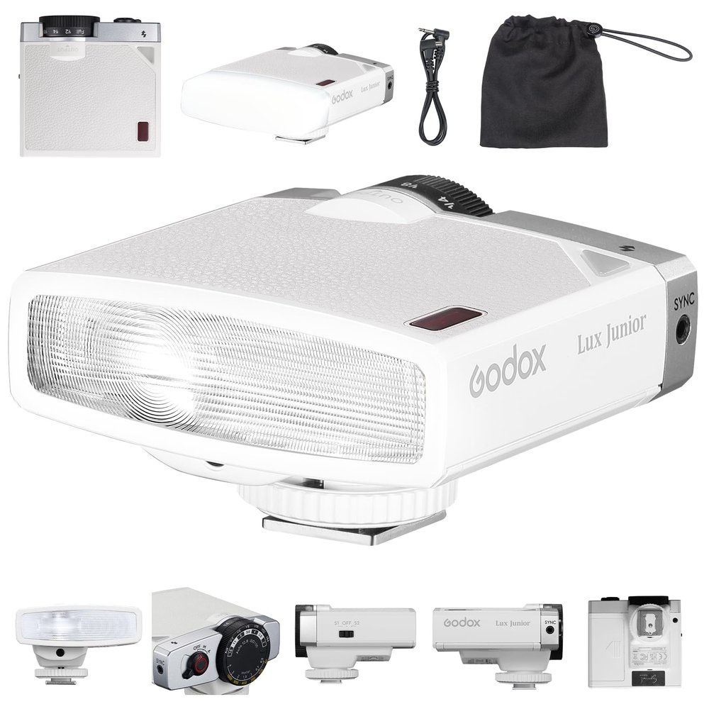 Godox Lux Junior Retro Camera Flash with Diffuser, Speedlite GN12 6000K200K CCT, Automatic and Manual Modes 1/1-1/64 Flash Power, 28mm Focal Length for Canon Nikon Sony Fuji Olympus Cameras - White