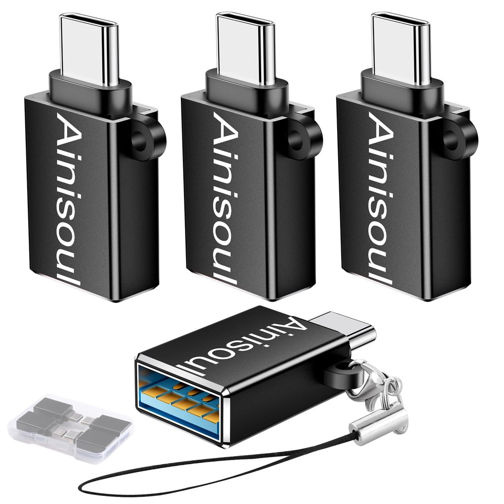 Ainisoul USBC to USB Adapter 4 Pack,USB C to A Adapter,USB C Male to USB Female Connector,USBA OTG Cable Converter for iPhone 16 15,MacBook Pro,Car Play,Black