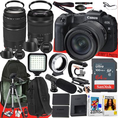 Canon EOS RP Mirrorless Camera with RF 24-105mm f/4-7.1 is STM and EF 75-300mm f/4-5.6 III Lens + 64 GB Memory + Video LED Light + Mic + Mount Adapter for Canon R + More (31pc Bundle) (Renewed)