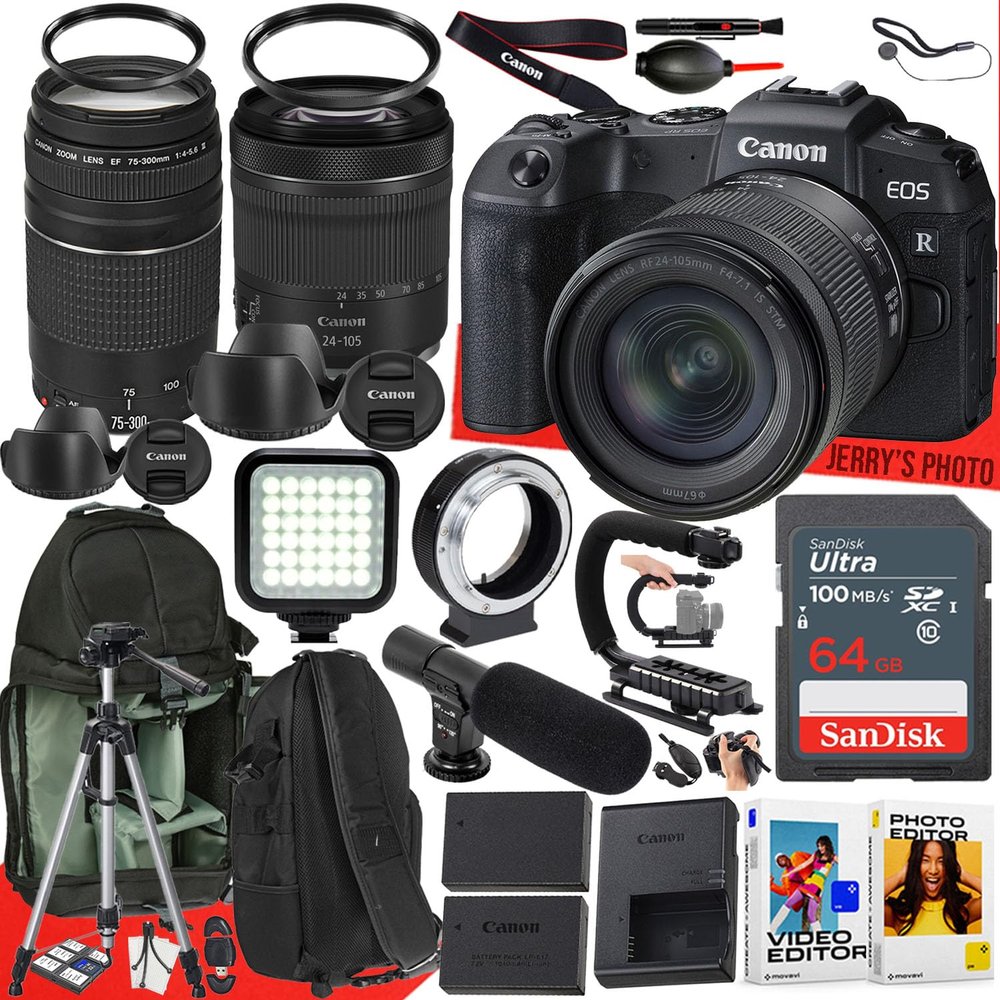 Canon EOS RP Mirrorless Camera with RF 24-105mm f/4-7.1 is STM and EF 75-300mm f/4-5.6 III Lens + 64 GB Memory + Video LED Light + Mic + Mount Adapter for Canon R + More (31pc Bundle) (Renewed)
