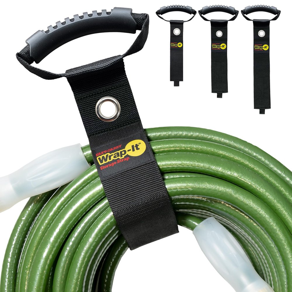 Easy-Carry Wrap-It Storage Straps - Assorted 3-Pack Black with Grommet - Power Cord Organizer Carrying Straps for RV Hose Storage and Accessories