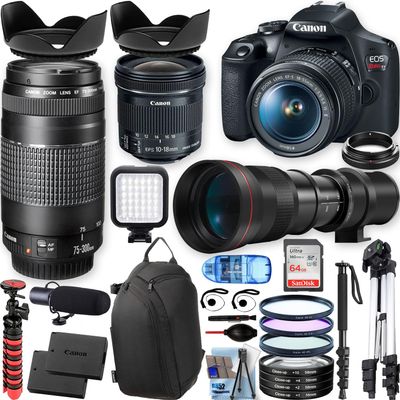 Canon EOS Rebel T7 w/18-55mm and 75-300mm Lenses+420-800 Telephoto preset Lens, Tripod+PRO Accessory Bundle (30+Items) (Renewed)