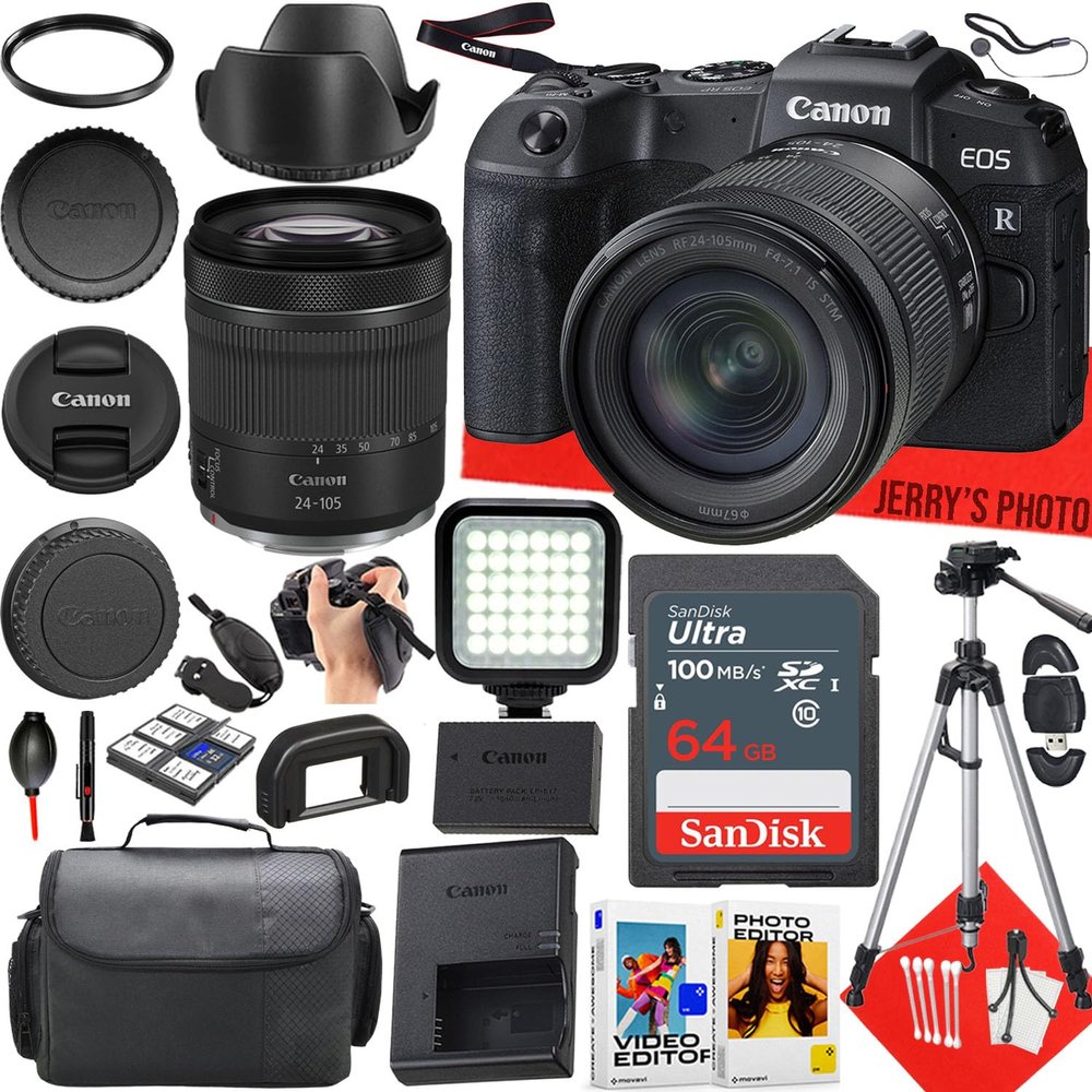 Canon EOS RP Mirrorless Camera with Canon RF 24-105mm f/4-7.1 is STM Lens + 64 GB Memory + LED Light + Camera Case + Hood + Tripod + More (23pc Bundle) (Renewed)
