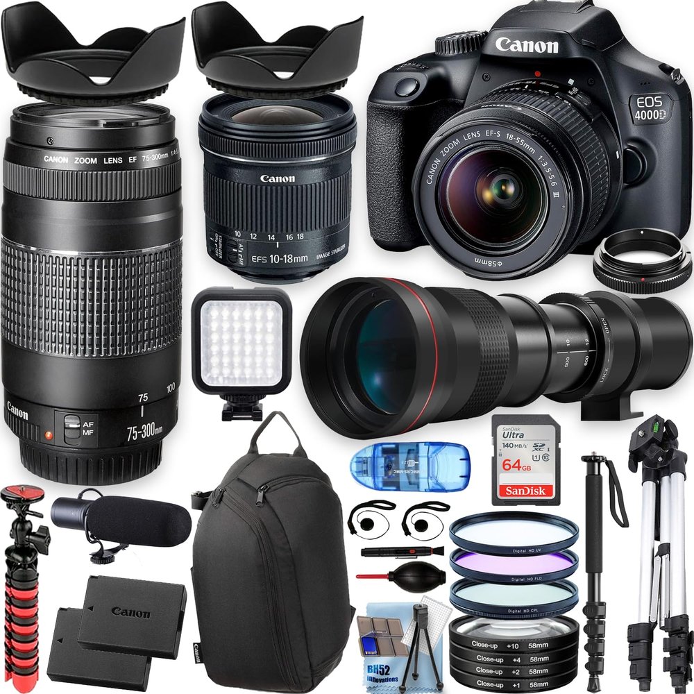 Canon 4000D/EOS Rebel T100 w/18-55mm and 75-300mm Lenses+420-800 Telephoto preset Lens, Tripod+PRO Accessory Bundle (30+Items) (Renewed)
