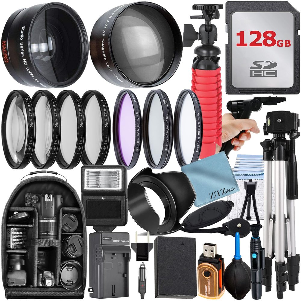49mm Accessory Bundle for Canon EOS: R50, R100, M5, M6 Mark II, M6, R10 + LP-E17 Battery + 128GB Memory Card + Battery Charger + Wide Angle Lens + Backpack + Tripod + Flash + More (28pc Bundle)