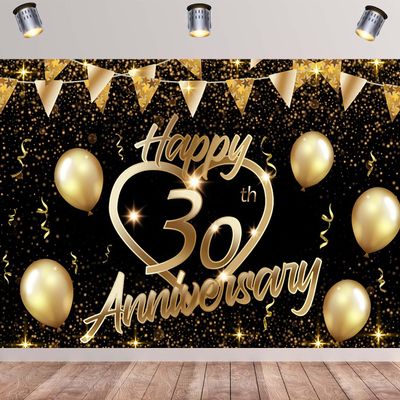 20x10ft Happy 30th Anniversary Backdrop Black Gold Photography Banner Heart Balloons Flags Background Bokeh Glitter Dots Decorations Anniversary Party Birthday Party Photo Booth Props