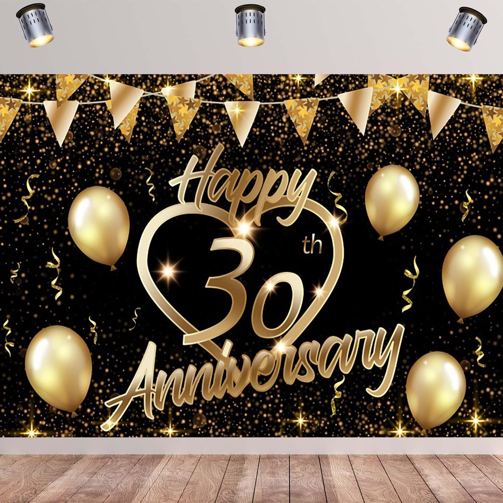20x10ft Happy 30th Anniversary Backdrop Black Gold Photography Banner Heart Balloons Flags Background Bokeh Glitter Dots Decorations Anniversary Party Birthday Party Photo Booth Props