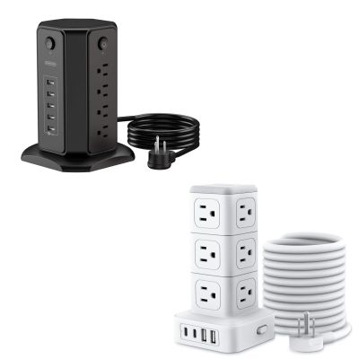 10ft Extension Cord Power Strip Tower, NTONPOWER Flat Plug Surge Protector + NTONPOWER Power Strip Tower with USB C Ports, 1080 Joules Surge Protector Tower