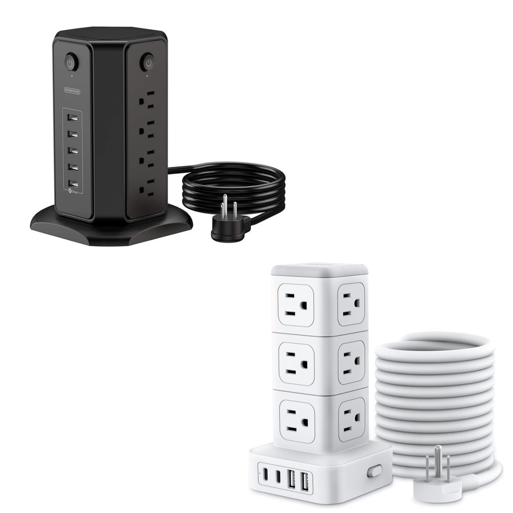 10ft Extension Cord Power Strip Tower, NTONPOWER Flat Plug Surge Protector + NTONPOWER Power Strip Tower with USB C Ports, 1080 Joules Surge Protector Tower