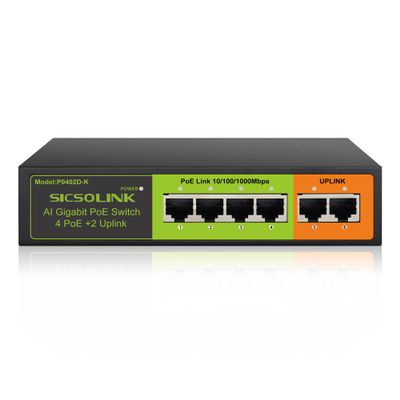 SICSOLINK Gigabit 6 Ports PoE+ Switch (4 PoE+ Ports, 2 Uplink), 802.3af/at, 65W Total Power, 1000Mbps, Unmanaged, Fanless, Metal Case, Suitable for IP Cameras & Networking Devices