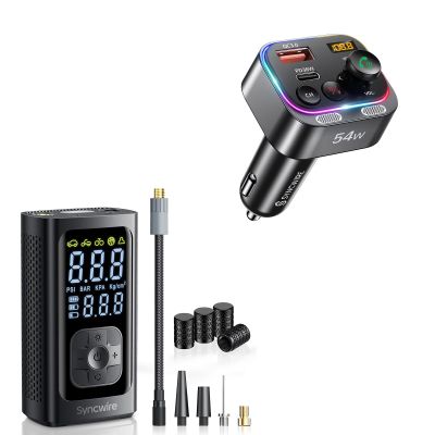 Syncwire Bluetooth 5.4 FM Transmitter and Tire Inflator Portable Air Compressor