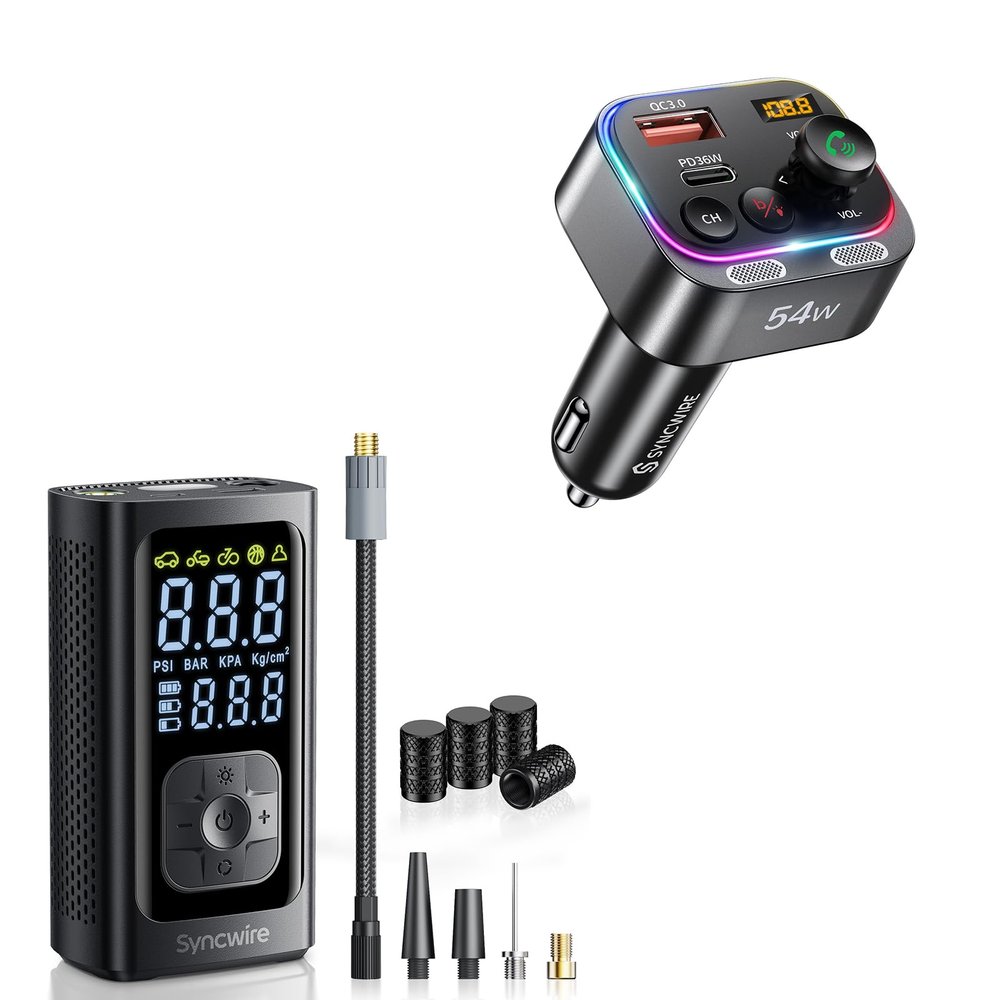 Syncwire Bluetooth 5.4 FM Transmitter and Tire Inflator Portable Air Compressor