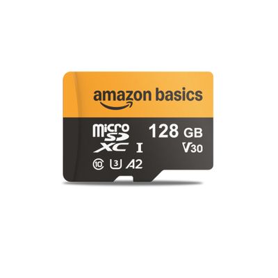 Amazon Basics 128GB microSDXC Memory Card with Adapter for Smartphones, Drones, Cameras, Full HD, Read Speed Up to 200MB/s, 1-Pack