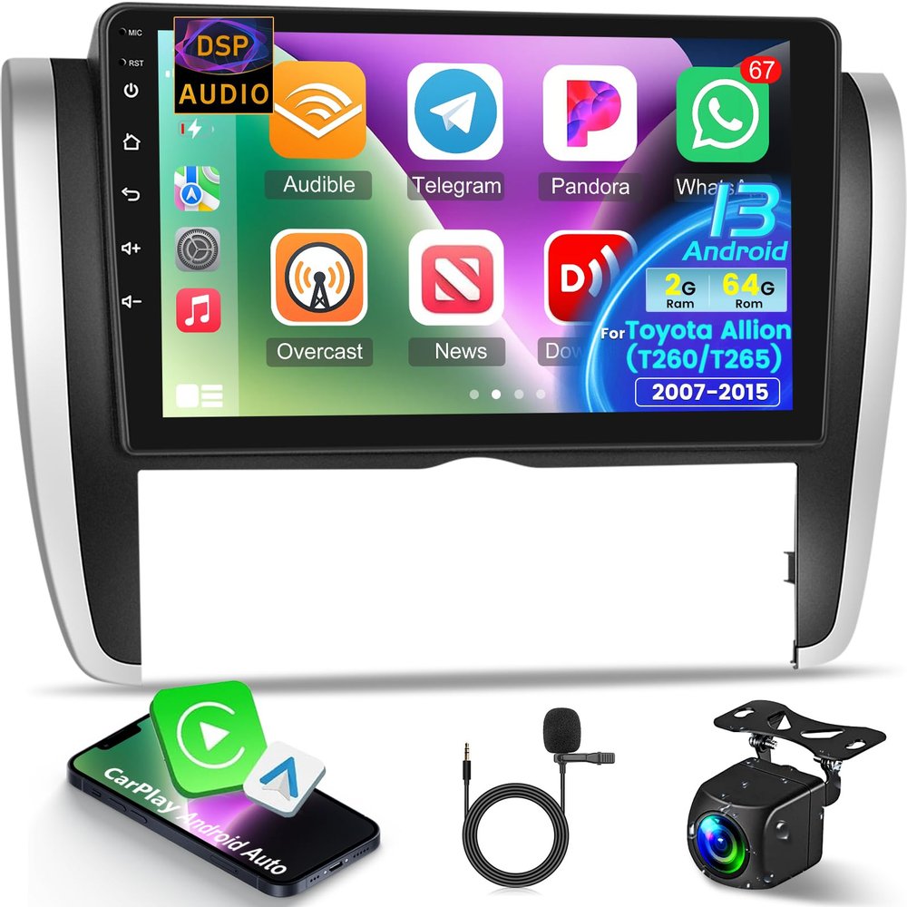 NHOPEEW [2+64G] Car Stereo for Toyota Allion T260 T265 2007-2015 - 9 inch HD Touchscreen Upgrade Radio - Wireless Carplay and Android Auto, DSP Audio, WiFi, GPS, FM/RDS Radio + AHD Backup Camera