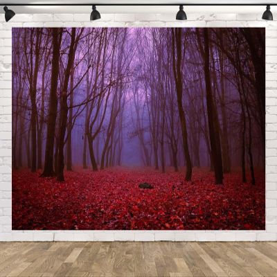CORFOTO Mystical Autumn Forest Backdrop 5x3ft Fabric Red Leaves Mysterious Foggy Trees Mist Creepy Scene Woods Background for Halloween Birthday Party Decorations Witch Photo Booth Studio Props