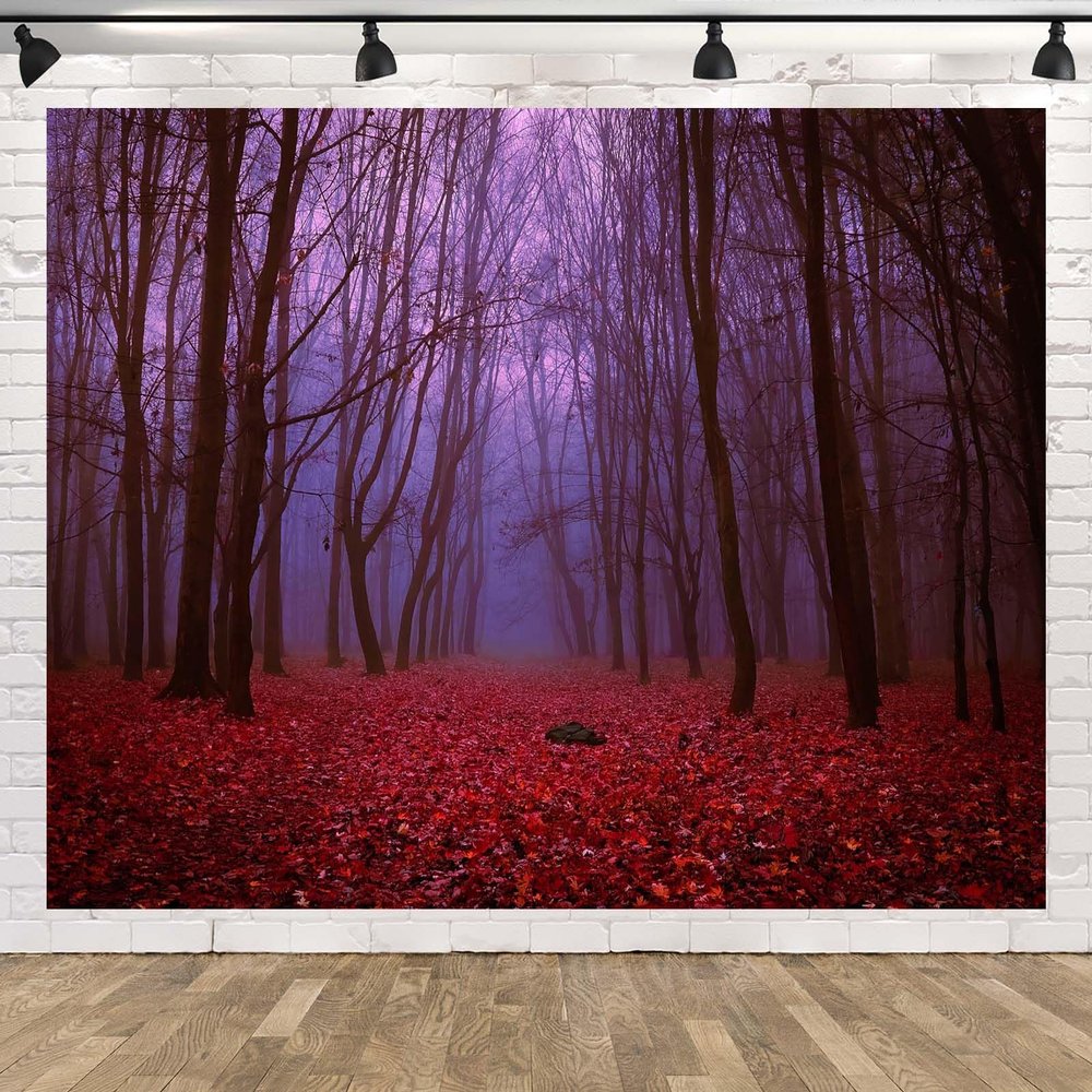 CORFOTO Mystical Autumn Forest Backdrop 5x3ft Fabric Red Leaves Mysterious Foggy Trees Mist Creepy Scene Woods Background for Halloween Birthday Party Decorations Witch Photo Booth Studio Props