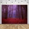 CORFOTO Mystical Autumn Forest Backdrop 5x3ft Fabric Red Leaves Mysterious Foggy Trees Mist Creepy Scene Woods Background for Halloween Birthday Party Decorations Witch Photo Booth Studio Props view 3