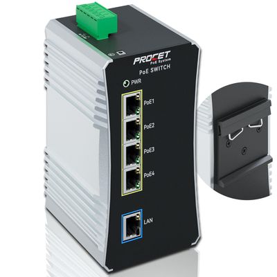 PROCET Gigabit PoE Switch 4-Port Din Rail, 90W/Port, Industrial POE++ Ethernet Switch with Wide Temp -40F to 149F, Boost, 12-57V DC Input, IEEE802.3af/802.3at/802.3bt, PT-PIS4PB1T-E