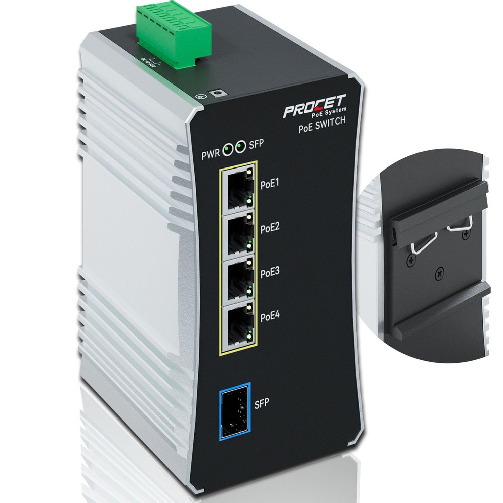 PROCET Gigabit PoE Switch 4-Port Din Rail, 90W/Port, Industrial PoE++ Fiber Media Converter with Wide Temp -40F to 149F, SFP Slot, Boost, 12-57V DC Input, IEEE802.3af/802.3at/802.3bt, PT-PIS4PB1S-E