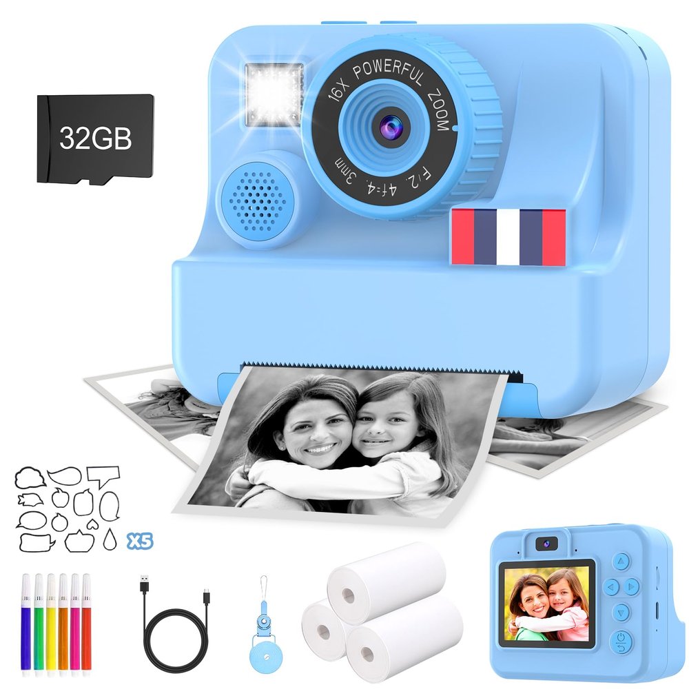 Yosfeng Instant Print Camera for Kids - Christmas Birthday Girls Boys Gifts for Age 3 4 5 6 7 8 9 10 Year Old, 2.4 Inch Screen Kids Instant Camera, Kid Digital Video Dual Cameras with 32 GB SD Card