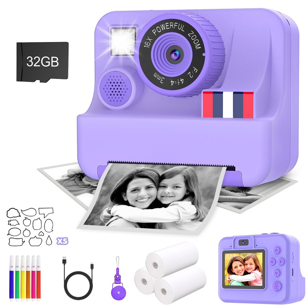 Yosfeng Instant Print Camera for Kids - Christmas Birthday Girls Gifts for Age 3 4 5 6 7 8 9 10 Year Old, 2.4 Inch Screen Kids Instant Camera, Toddler Camera Toys for Age 3-12 with 32 GB SD Card