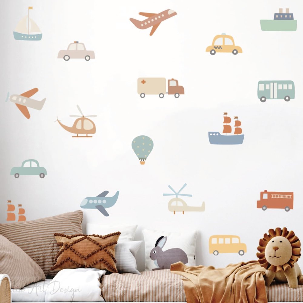 Cars Wall Stickers Transports Kids Room Wall Decor Peel and Stick Wall Decals for Boys Children's Room Nursery Bedroom Classroom