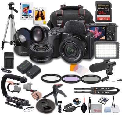 Sony ZV-E10 II + 16-50mm Lens, LED Light, Microphone, 128GB Extreme Speed, U-Grip, Filters, Tripod, Case, Software, & More Pro Video Bundle (35pc)