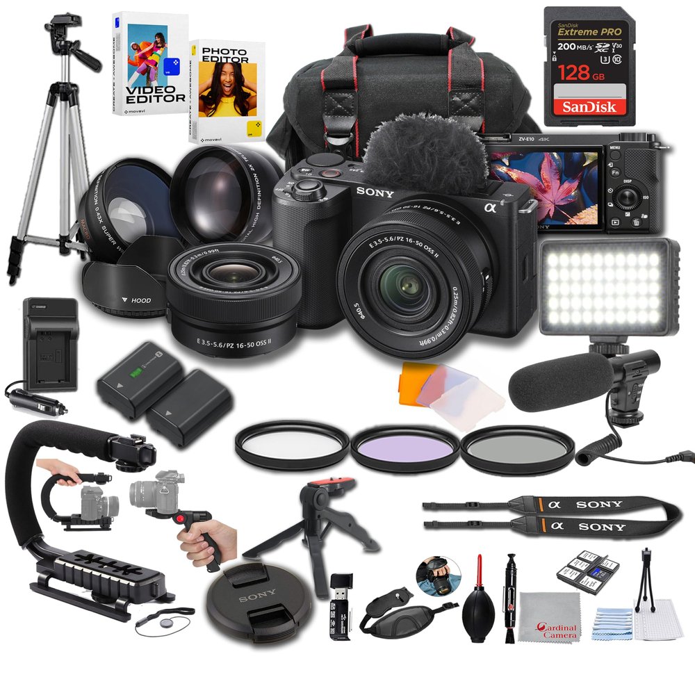 Sony ZV-E10 II + 16-50mm Lens, LED Light, Microphone, 128GB Extreme Speed, U-Grip, Filters, Tripod, Case, Software, & More  Pro Video Bundle (35pc)