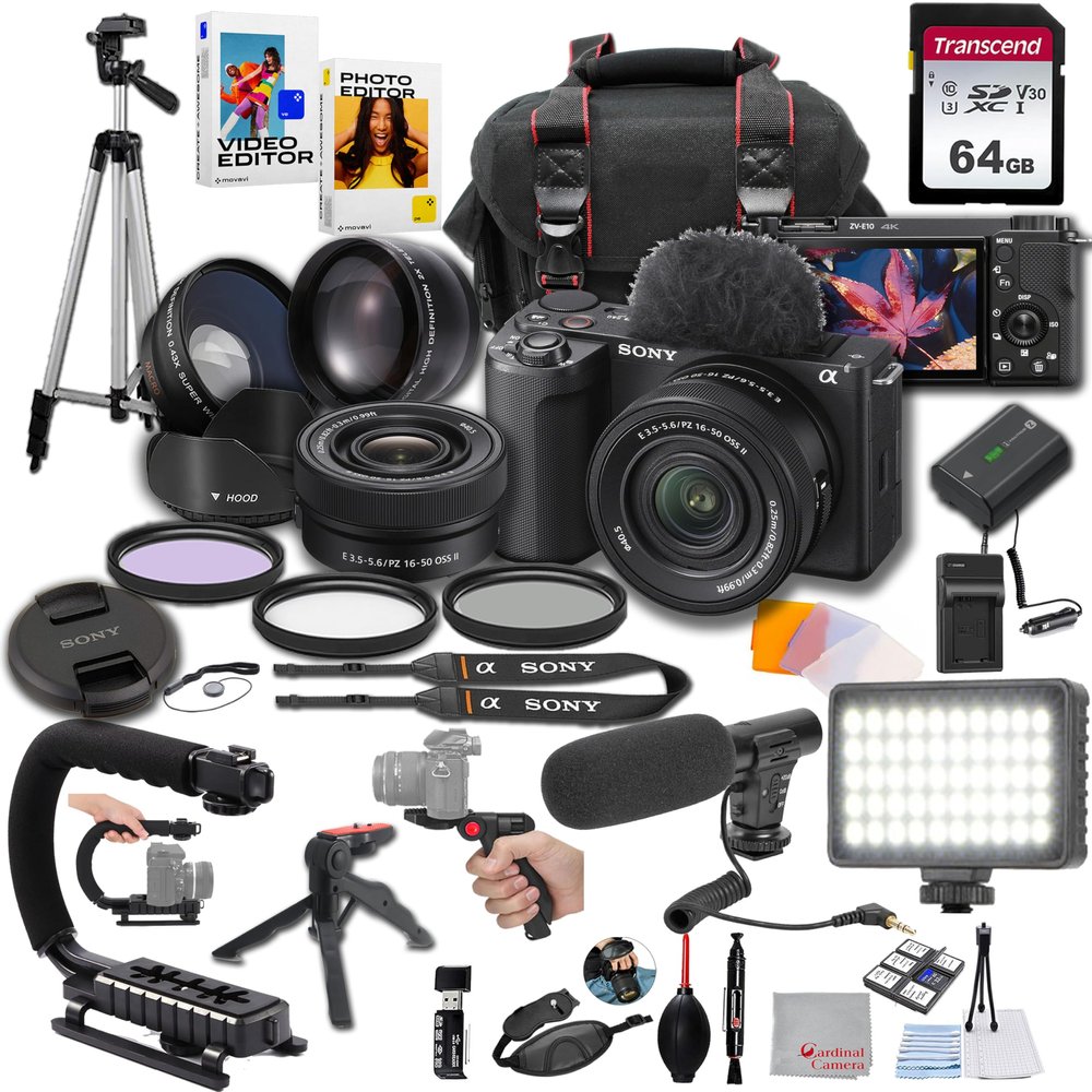 Sony ZV-E10 II + 16-50mm Lens, LED Light, Microphone, 64GB, U-Grip, Filters, Tripod, Case, Software, & More  Pro Video Bundle (35pc)