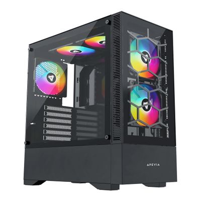 Apevia Eclipse-BK Eclipse Mid Tower Gaming PC Case w/ 5X 120mm ARGB Fans, 366 RGB Light Modes, Minimalistic Honeycomb Design, Tempered Glass Front & Side Panels, 1X USB3.0, 2X USB2.0, Black