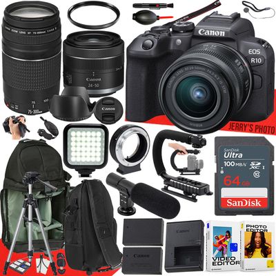 Canon EOS R10 Mirrorless Camera with RF 24-50mm f/4.5-6.3 is STM and EF 75-300mm f/4-5.6 III Lens + 64 GB Memory + Video LED Light + Mic + Mount Adapter for Canon R + More (32pc Bundle) (Renewed)
