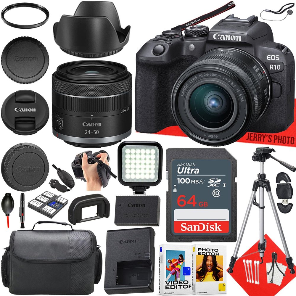 Canon EOS R10 Mirrorless Camera with Canon RF 24-50mm f/4.5-6.3 is STM Lens + 64 GB Memory + LED Light + Camera Case + Hood + Tripod + More (23pc Bundle) (Renewed)