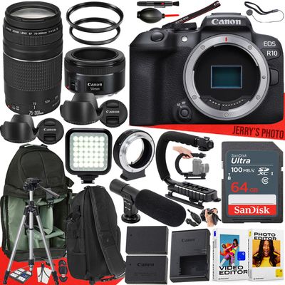 Canon EOS R10 Mirrorless Camera with Canon EF 50mm f/1.8 STM and EF 75-300mm f/4-5.6 III Lens + 64 GB Memory + Video LED Light + Mic + Mount Adapter for Canon R + More (32pc Bundle) (Renewed)