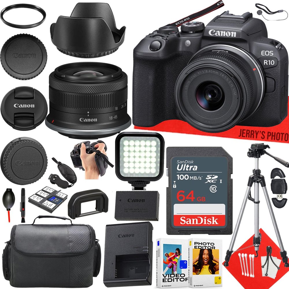 Canon EOS R10 Mirrorless Camera with Canon RF-S 18-45mm f/4.5-6.3 is STM Lens + 64 GB Memory + LED Light + Camera Case + Hood + Tripod + More (23pc Bundle) (Renewed)