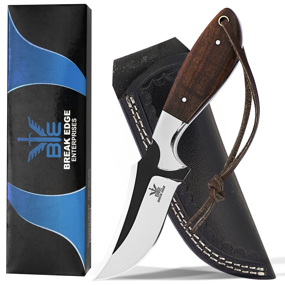 Break Edge Handcrafted Cowboy Hunting Knife with Leather Sheath Premium Handle Best Gift for Boy Friend and Father Day. (Brown)