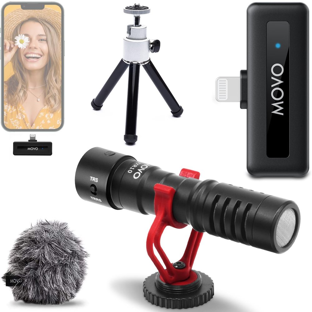Movo VXR10 Shotgun Mic with WM-VXR10 Wireless Microphone Adapter and Tripod - for Lightning Compatible iPhones, iPads