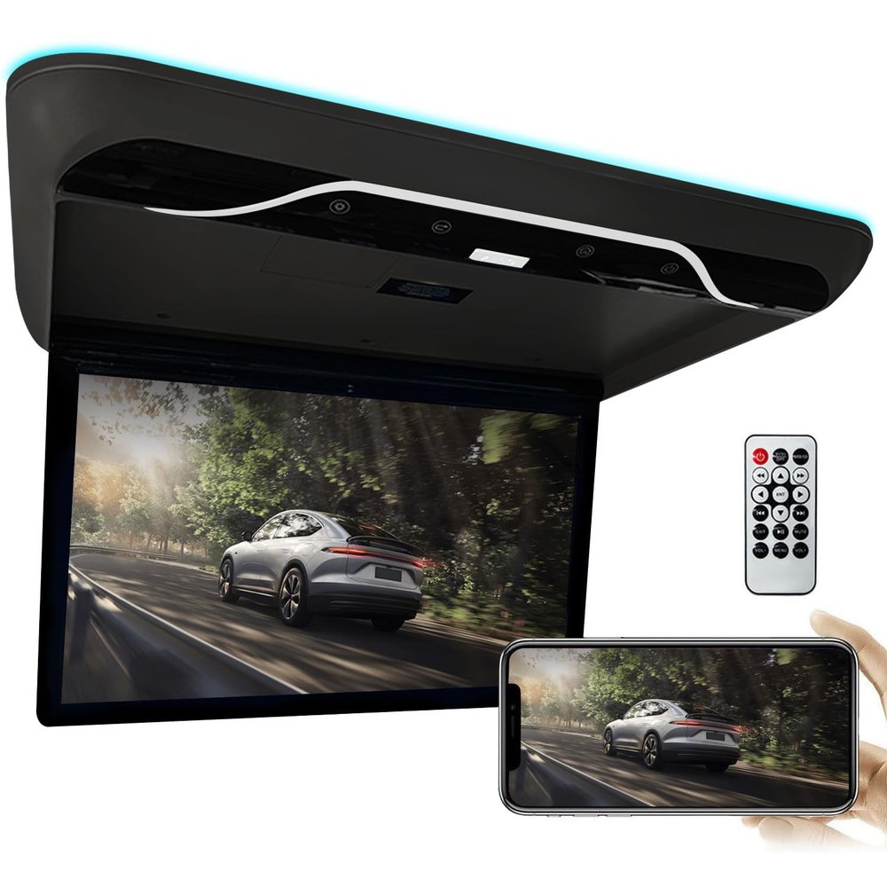 AUTUMFLATGAO 19" Car Overhead Player, Flip Down Monitor, 1080P Screen Car Roof Multimedia Player, Car Video with 16 Colors Light, Support HDMI, USB,Black