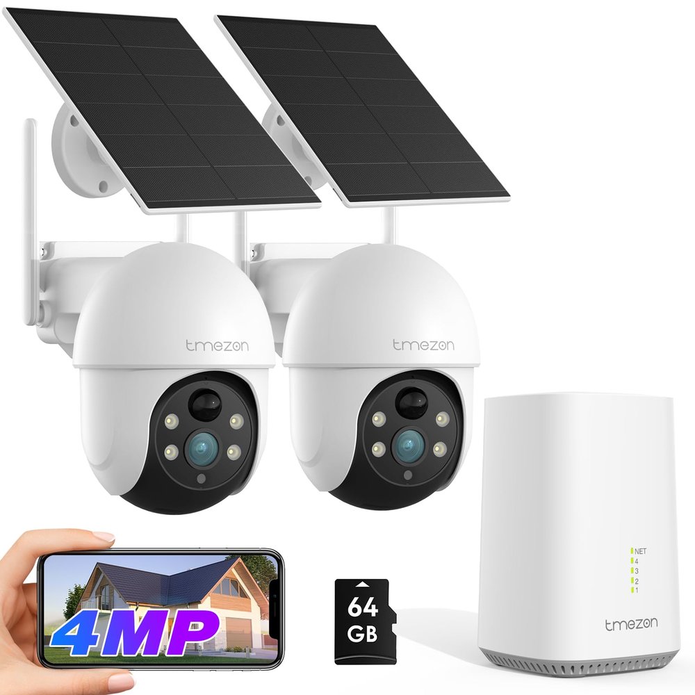 TMEZON 2-Cam Security Camera Wireless Outdoor System: Solar Power Camera with 2K Color Night Vision, 360 Pan-Tilt & Auto Tracking, No Subscription, Solar Camera Outdoor Wireless, 2.4G WiFi