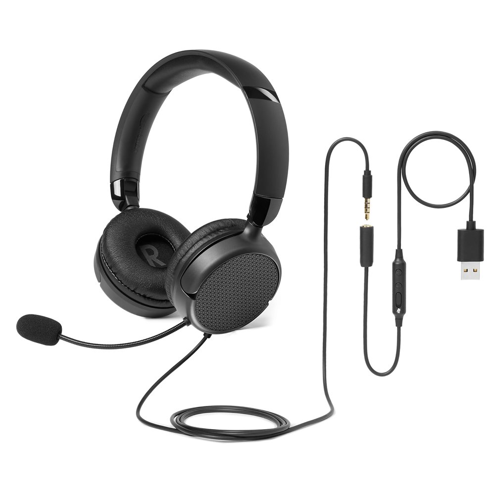 Amazon Basics On Ear Wired Computer Headset with Adjustable Microphone, 3.5mm Port or in-Line Control with USB-A Port, Foldable, Clear Sound, Small/Medium Size, Black