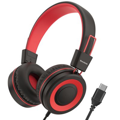 Bywulanda Upgrade USB Type C Kids Headphone for School, 94dB Safe Volume Limited, HD Stereo Sound, Foldable Lightweight On-Ear Headphones for Boys/Girls/Students/Tablet/Travel (Red Black)