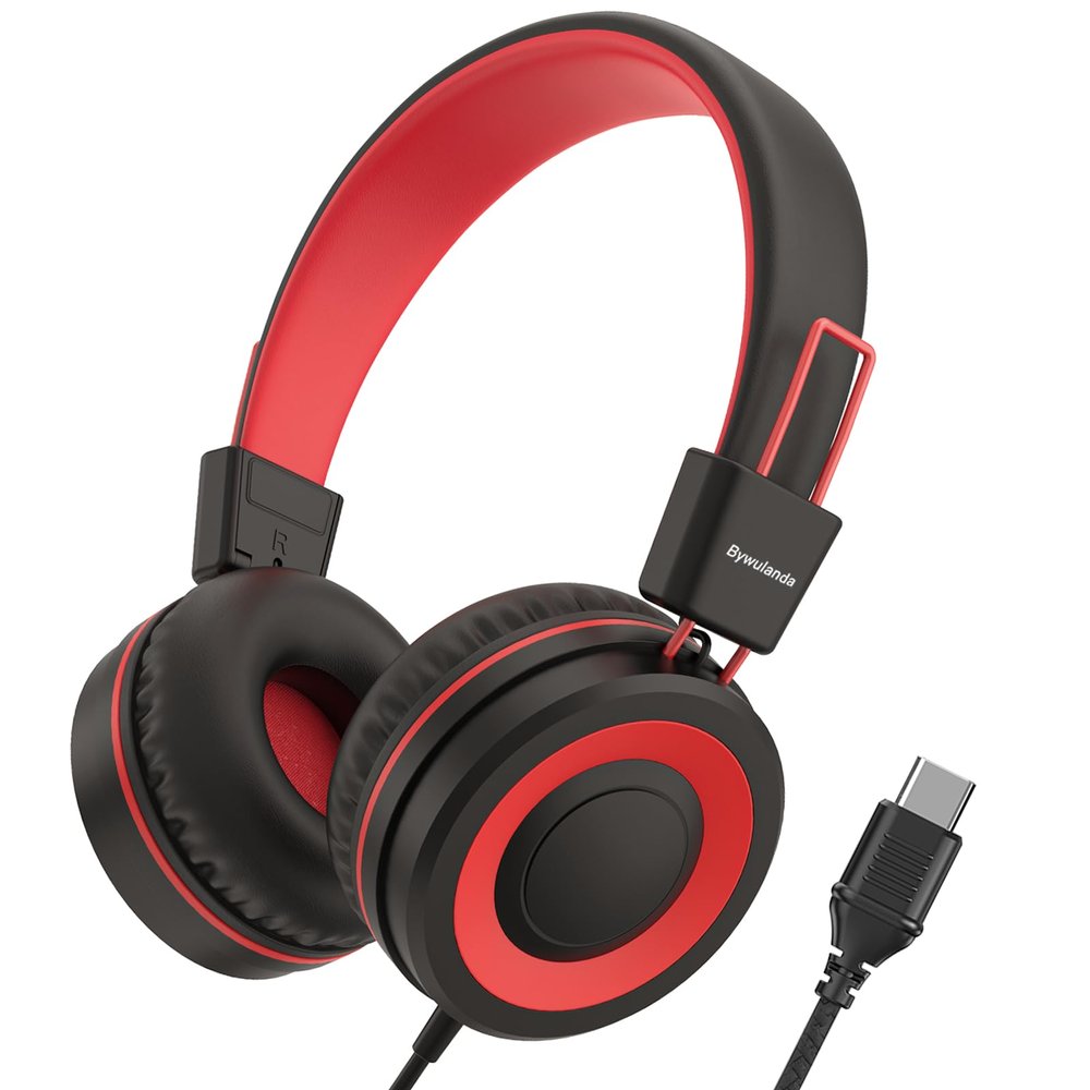 Bywulanda Upgrade USB Type C Kids Headphone for School, 94dB Safe Volume Limited, HD Stereo Sound, Foldable Lightweight On-Ear Headphones for Boys/Girls/Students/Tablet/Travel (Red Black)