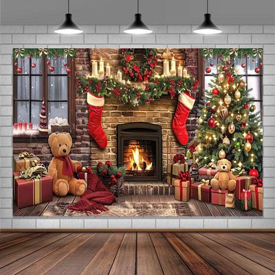 6x4ft Christmas Backdrops Photography Winter Fireplace Xmas Tree Sock Wall Party Decor Merry Christmas Bear Backdrop Family Kids Holiday New Year Party Supplies Photo Background Studio Props