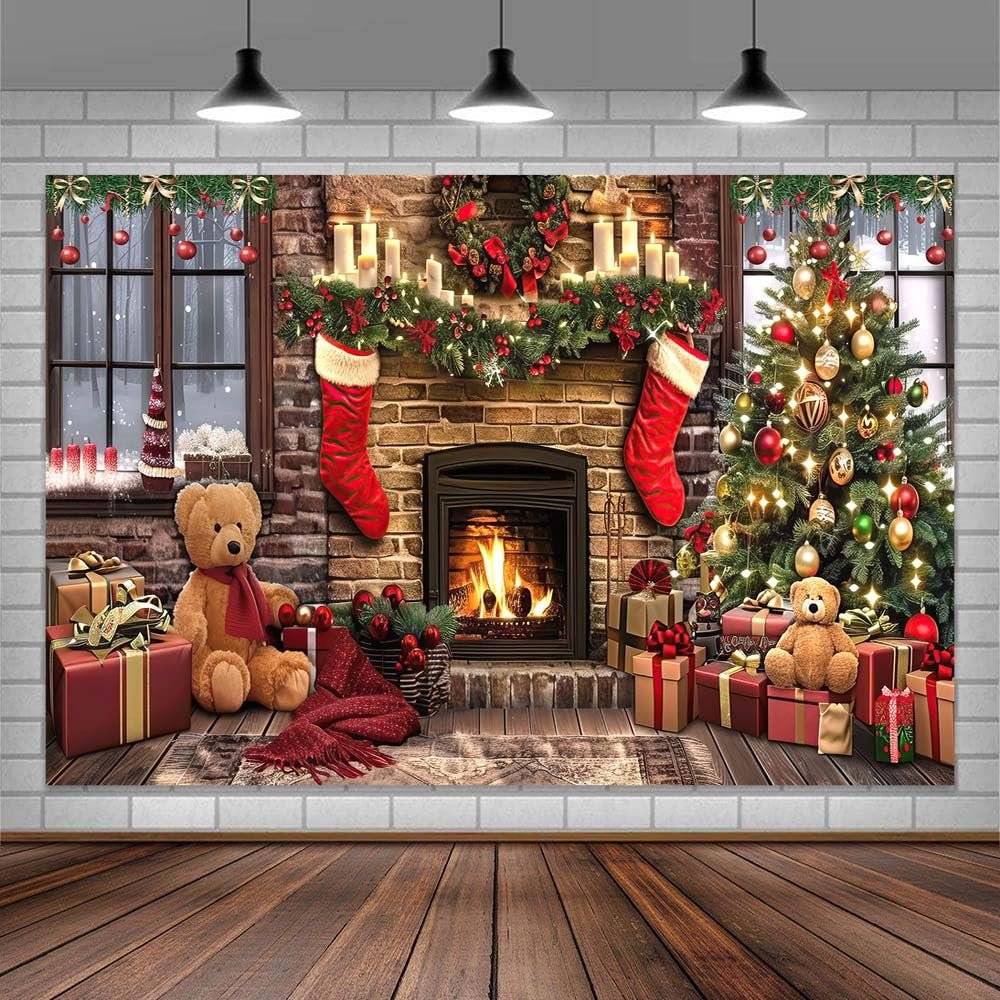 6x4ft Christmas Backdrops Photography Winter Fireplace Xmas Tree Sock Wall Party Decor Merry Christmas Bear Backdrop Family Kids Holiday New Year Party Supplies Photo Background Studio Props