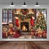 6x4ft Christmas Backdrops Photography Winter Fireplace Xmas Tree Sock Wall Party Decor Merry Christmas Bear Backdrop Family Kids Holiday New Year Party Supplies Photo Background Studio Props view 1