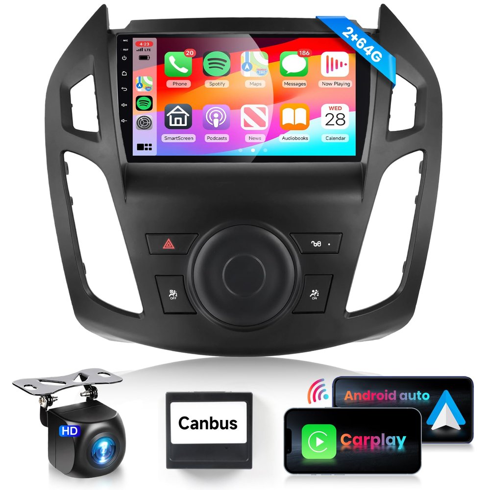 16EQ 2G 64G Car Radio for Ford Transit Connect 2014-2018 Stereo with Wireless Carplay Android Auto 9 inch 1080P HD Touchscreen Canbus Bluetooth FM/RDS GPS WiFi Mirror Link Backup Camera External MIC