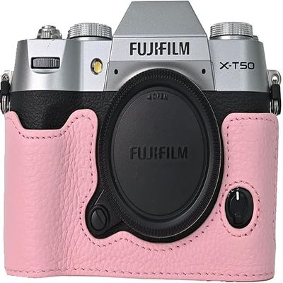 BMAOLLONGB X-T50 Case, Handmade Genuine Real Leather Half Camera Case Bag Cover for Fujifilm X-T50 XT50 Bottom Opening Version + Neck Strap (Pink)