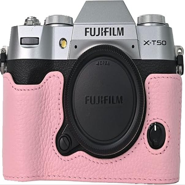 BMAOLLONGB X-T50 Case, Handmade Genuine Real Leather Half Camera Case Bag Cover for Fujifilm X-T50 XT50 Bottom Opening Version + Neck Strap (Pink)