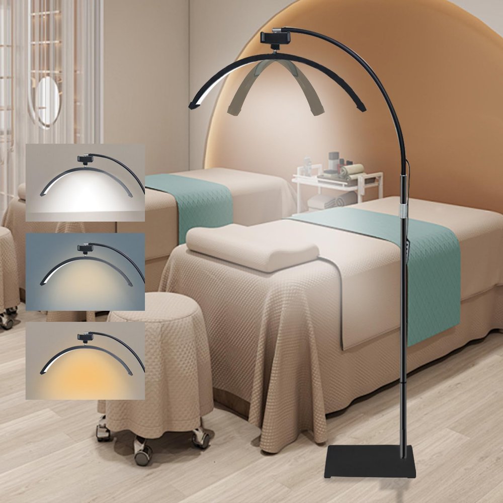 Lash Light for Eyelash Tech, Dimmable Half Moon Lash Lamp for Eyelash Extensions, Rotating, Adjustable LED Esthetician Light with Phone Holder (Black)